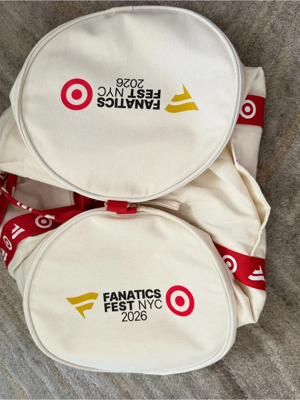 🆕Fanatics Fest NYC 2026 White Canvas Backpack with Yellow Emblem and Red Target